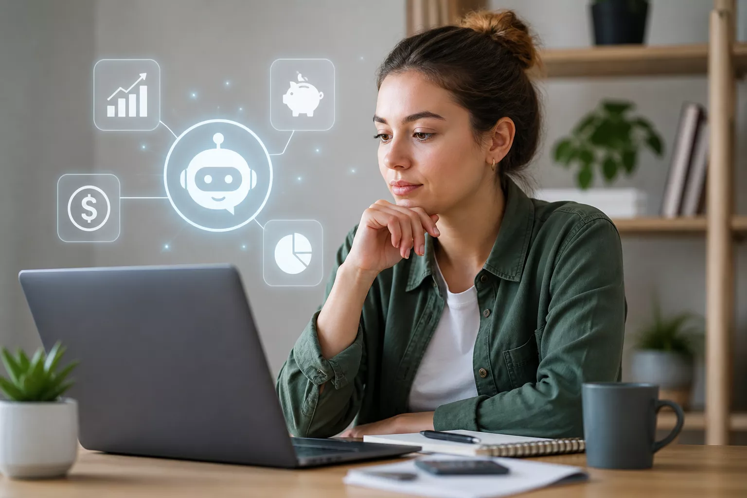woman at laptop researching money AI decisions